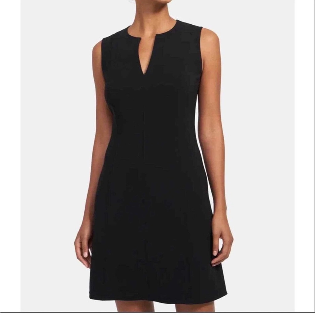 Theory Seamed Volume Dress Melange Twill Black Sheath Sleeveless V-Neck Dress